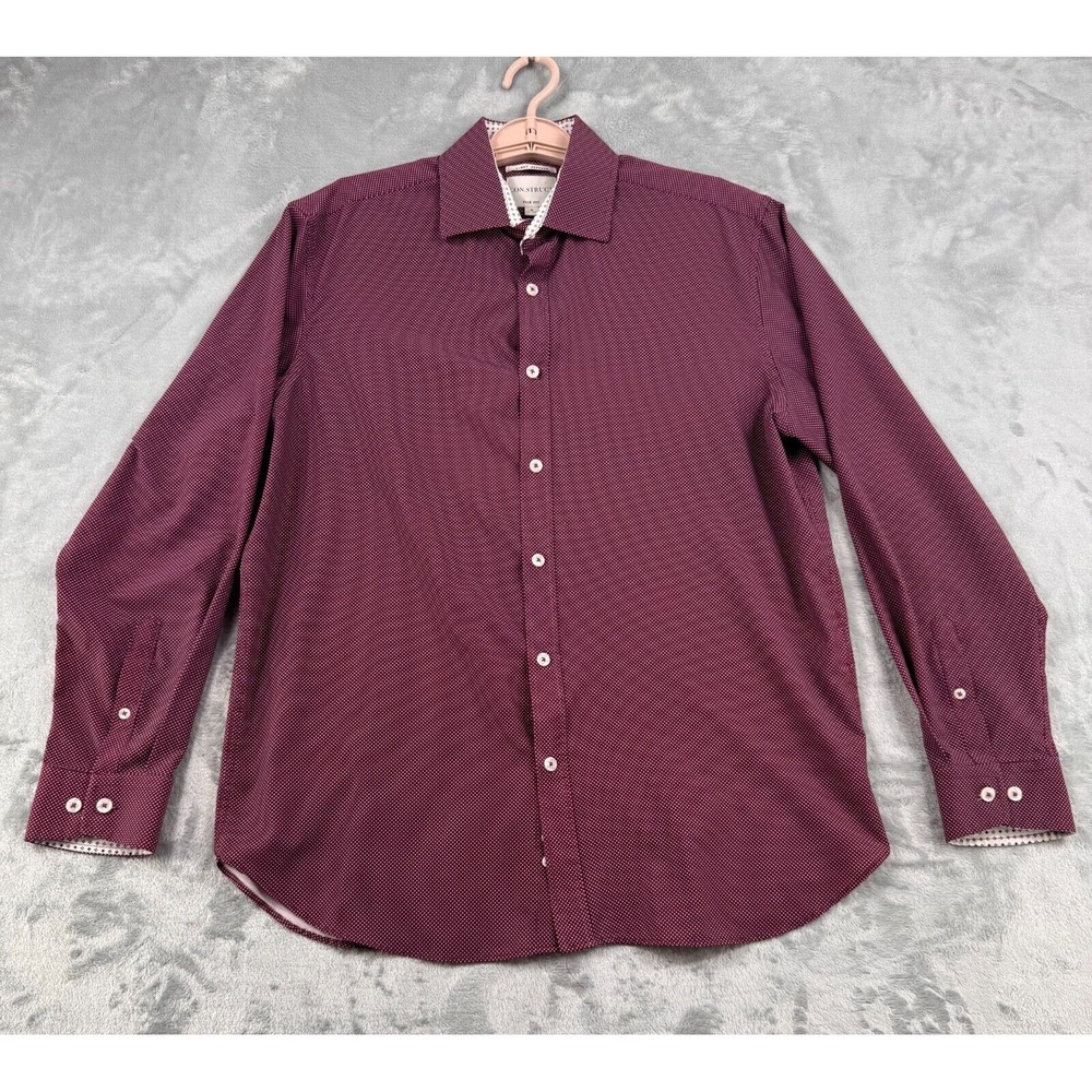 CON.STRUCT‎ Button Down Shirt Mens M Burgundy 4-Way Stretch Slim Fit Polka Dot